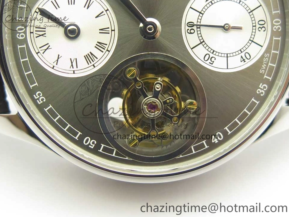 MIROTIME 0714 Popular Portuguese Flying Tourbillon SS Gray Dial 2 Sub Dials on Black Leather Strap 7159
